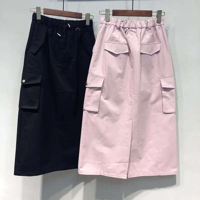Falda Cargo Mujer Y2K Larga - Falda Bolsillos Cintura Elástica Negra