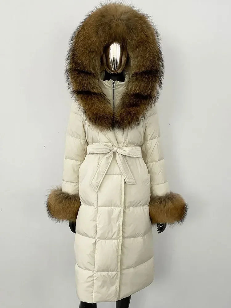 Abrigo Mujer Plumas Pato Piel Mapache - Chaqueta Larga Invierno Lujo