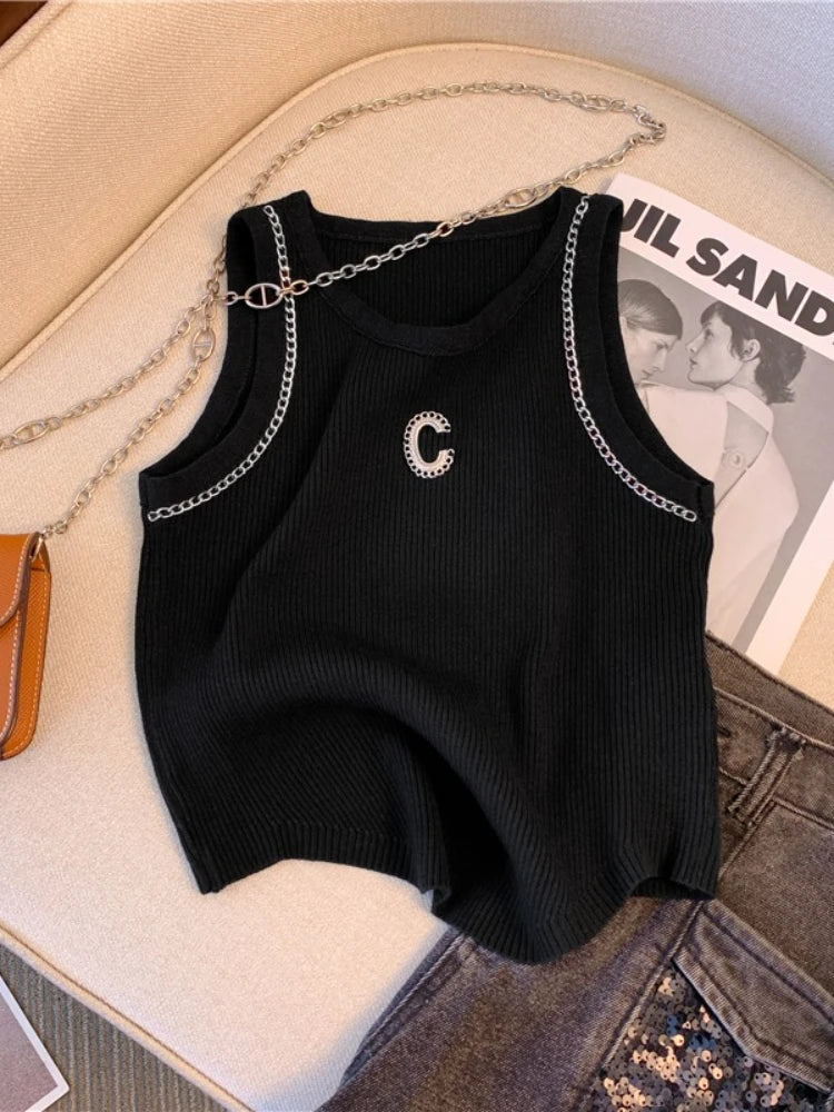 Top Crop Mujer Punto Cadena - Camiseta Sin Mangas Primavera