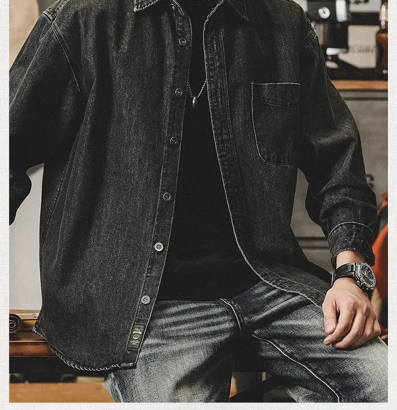 Camisa Denim Hombre Retro Trabajo - Casual Chaqueta Primavera Otoño Azul Manga Larga