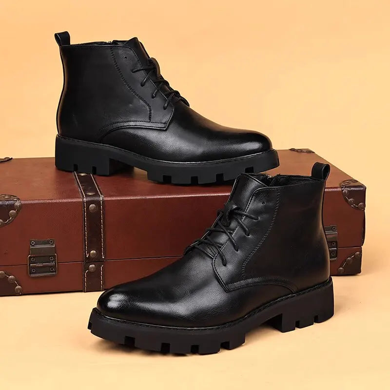 Botas Hombre Cuero Natural Negras - Casual Otoño Invierno Cowboy Platform Business Oficina Tobillo