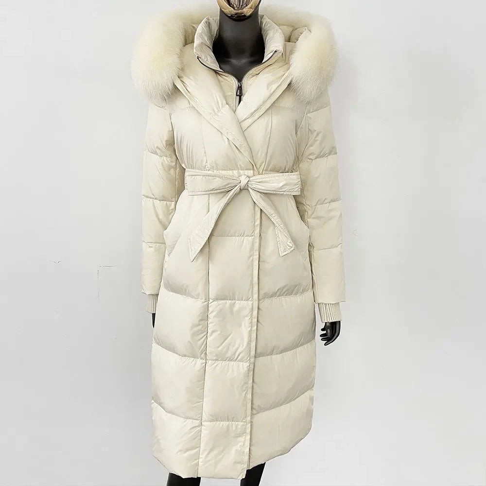 Abrigo Mujer Plumas Pato Piel Mapache - Chaqueta Larga Invierno Lujo