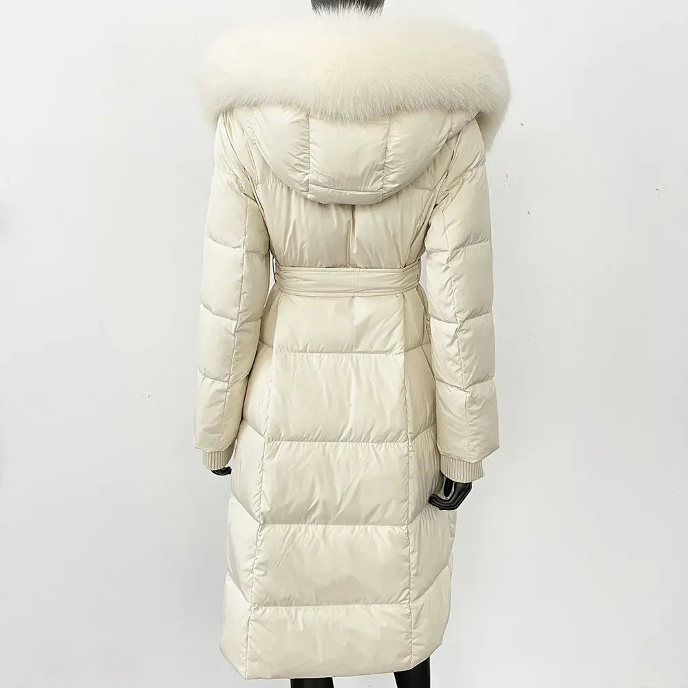 Abrigo Mujer Plumas Pato Piel Mapache - Chaqueta Larga Invierno Lujo