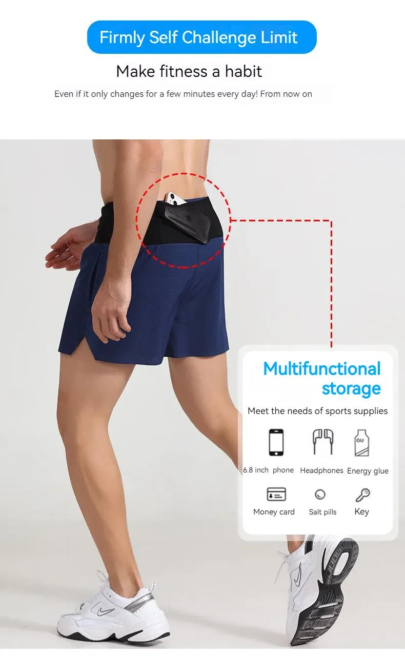 Shorts Running Hombre 2 en 1 Marathon - Pantalones Secado Rápido Multi-Bolsillos Riñonera