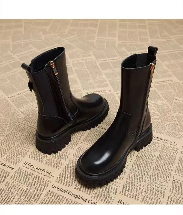 Botines Mujer 2025 Suela Gruesa - Color Sólido Punta Redonda Casual