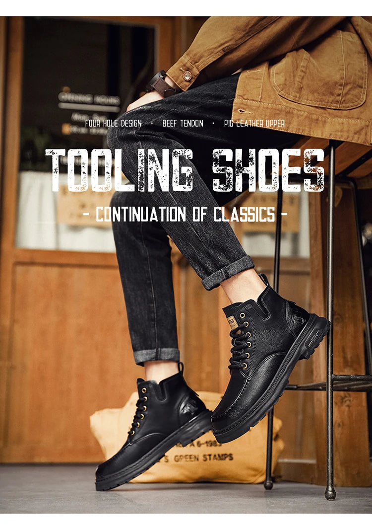 Botas Hombre Motocicleta Outdoor - Botines Casual Plataforma Cordones Marrón Negro