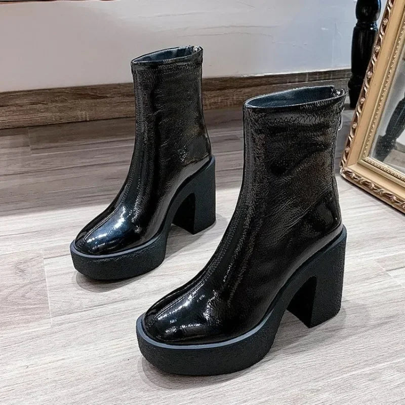 Botas Tobillo Mujer 2025 Plataforma - Cuero Tacón Alto Diseñador Goth