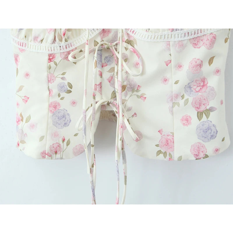 Top Crop Mujer Francés Floral - Top Cordones Cuello V Manga Corta Verano