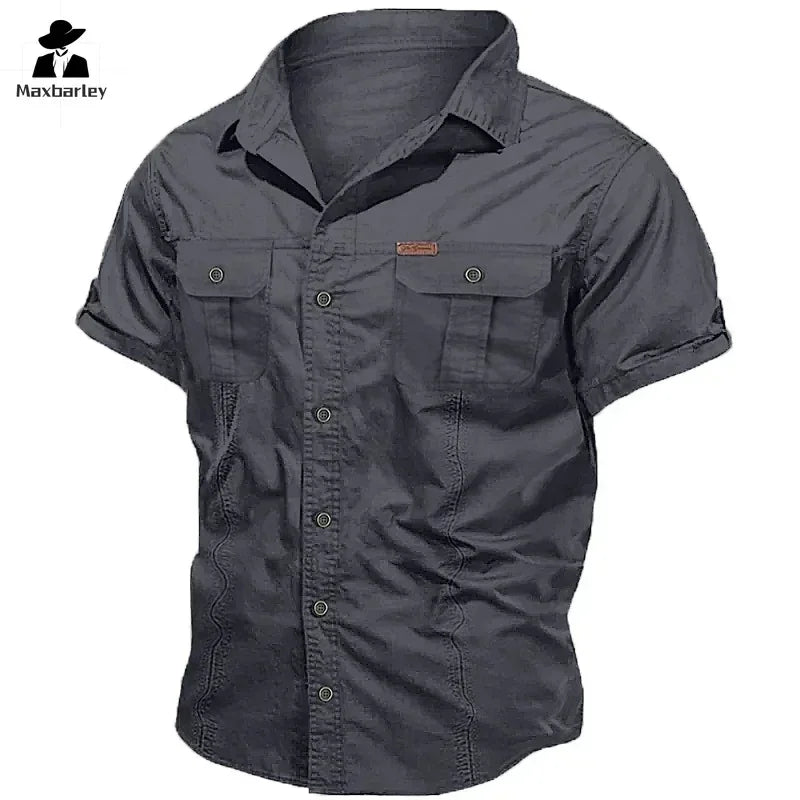 Camisa Hombre Trabajo Cargo 2025 - 100% Algodón Manga Corta Multi-Bolsillos Pesca Caza Verano