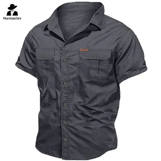 Camisa Hombre Trabajo Cargo 2025 - 100% Algodón Manga Corta Multi-Bolsillos Pesca Caza Verano