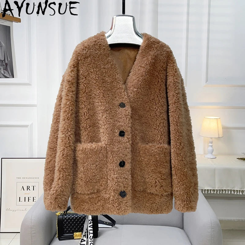 Chaqueta Lana Mujer Natural - Chaqueta Cordero Cuello V Media Largo 2025