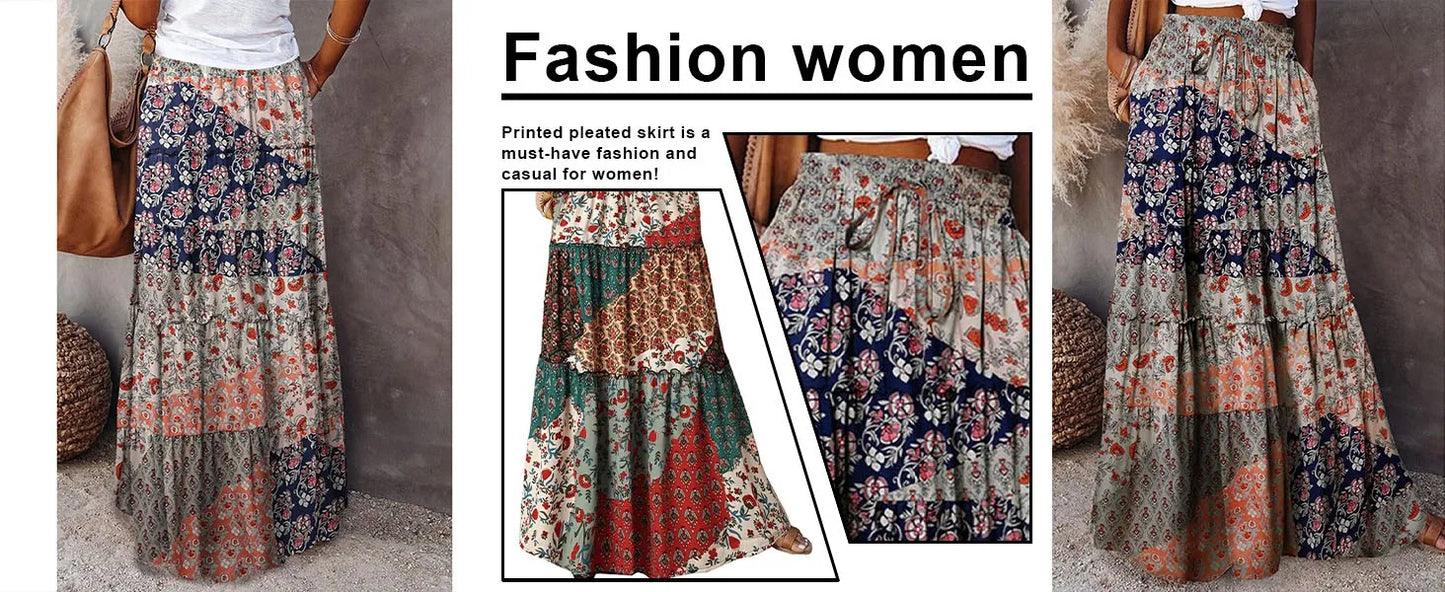 Falda Bohemia Mujer Larga Estampada - Falda Cintura Elástica Bolsillos Primavera