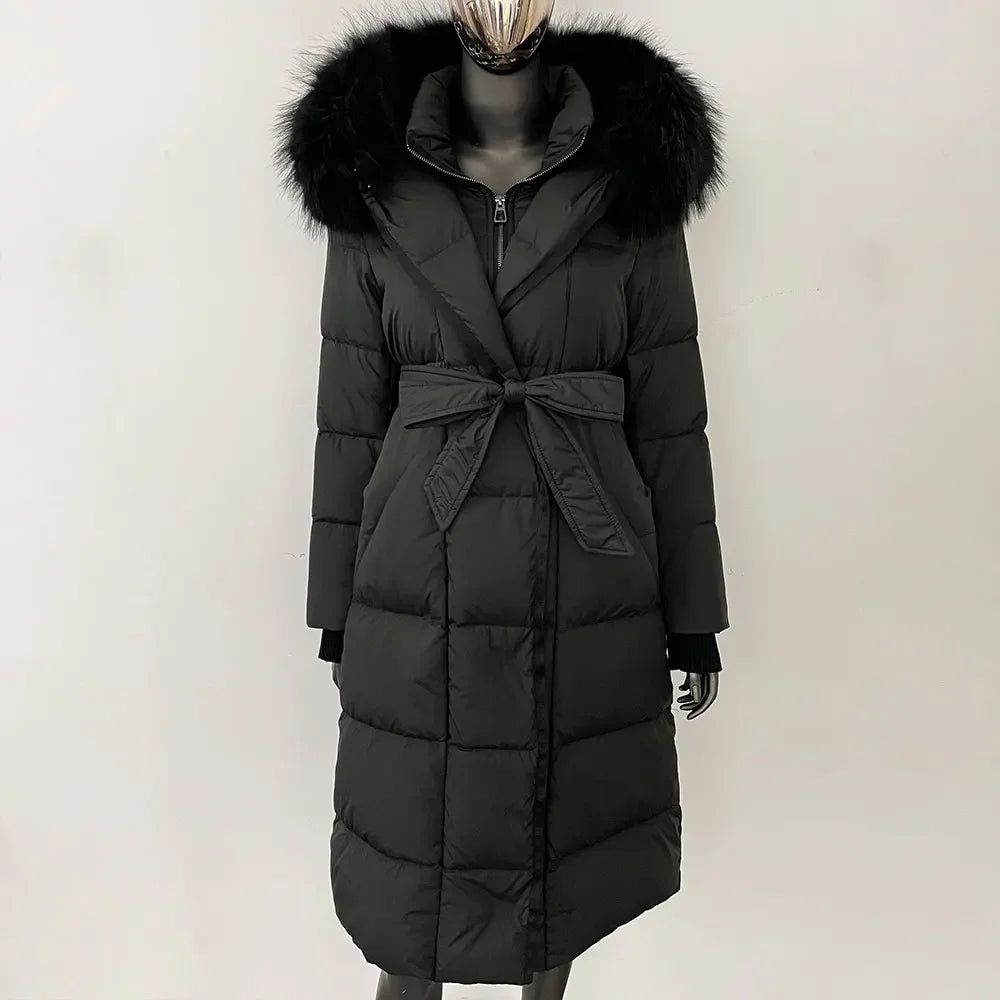 Abrigo Mujer Plumas Pato Piel Mapache - Chaqueta Larga Invierno Lujo