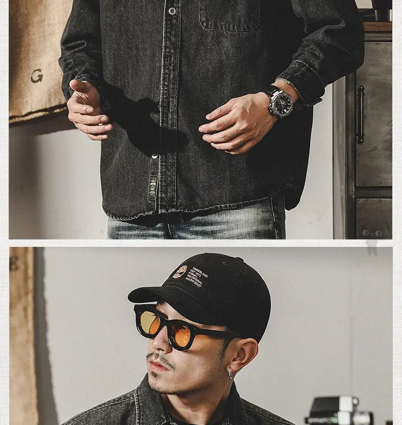 Camisa Denim Hombre Retro Trabajo - Casual Chaqueta Primavera Otoño Azul Manga Larga