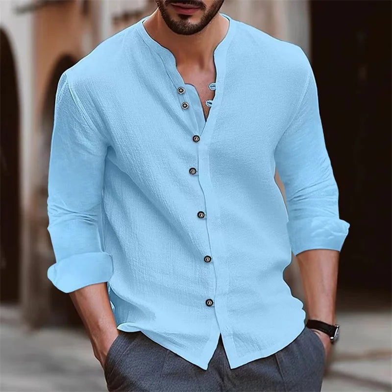 Camisa Hombre Cuello Mao Slim Fit - Fashion Casual Color Sólido Tops Outdoor Shopping S-3XL