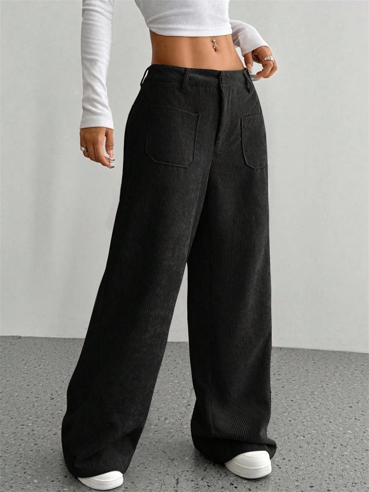 Pantalón Pana Mujer Pierna Ancha - Pantalón Cintura Alta Otoño