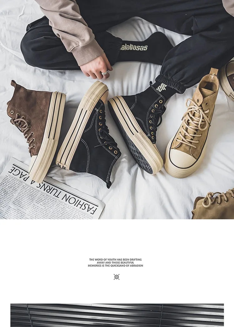 Sneakers Hombre Ante High-Top - Casual Vintage Marrón Botines Tobillo Suela Gruesa Tendencia Cordones