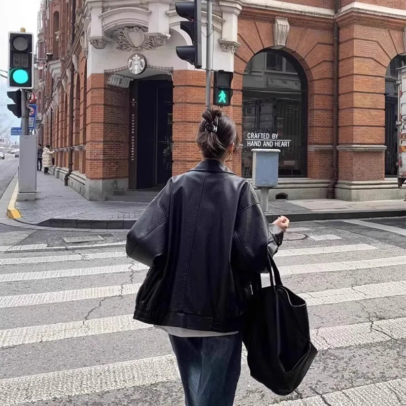 Chaqueta Cuero Mujer Americana - Chaqueta Moto Café Retro 2024