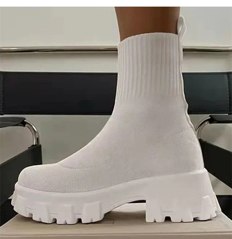 Botas Cortas Mujer Punto Plataforma - Tacón Otoño Invierno Blancas