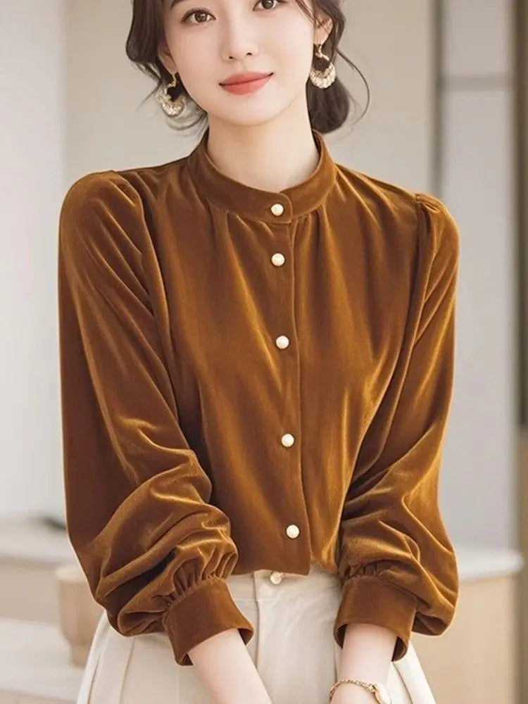 Top Terciopelo Mujer Temperamento - Top Diseño Francés Manga Larga 2025