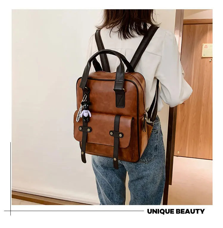 Mochila Cuero Juvenil Unisex - Alta Calidad Adolescentes Escolar Hombro Satchel Color Sólido