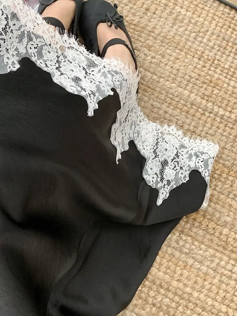 Falda Satén Mujer Larga Elegante - Falda Línea A Encaje Cintura Alta Verano