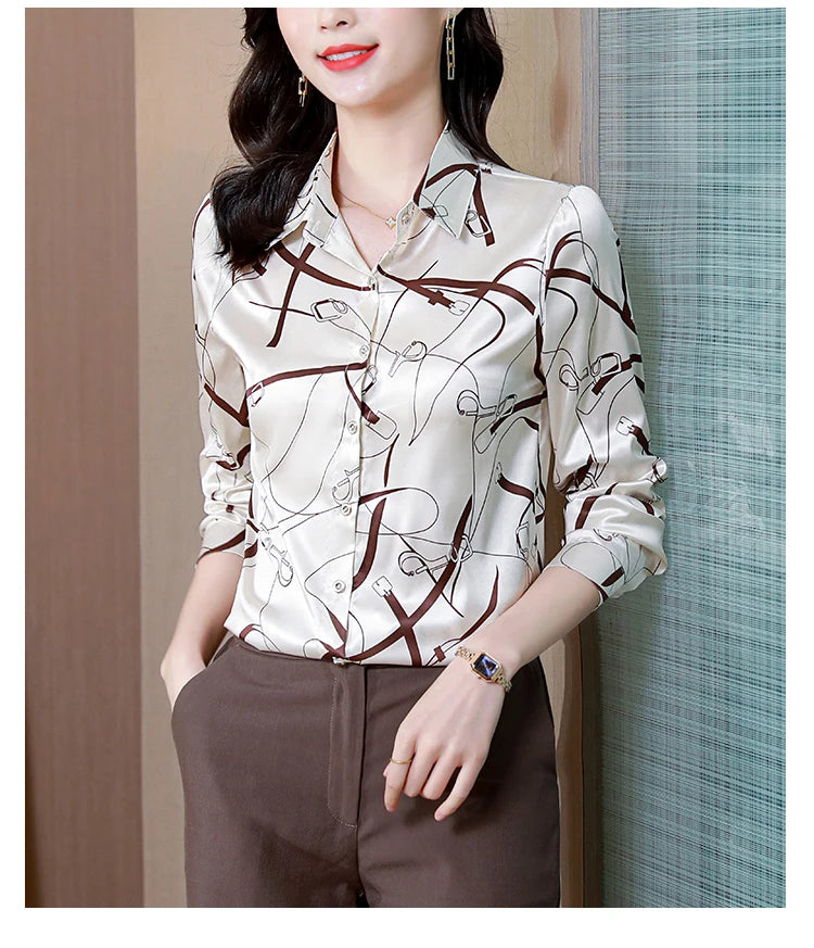 Camisa Satén Mujer Otoño 2025 - Blusa Vintage Oficina Manga Larga