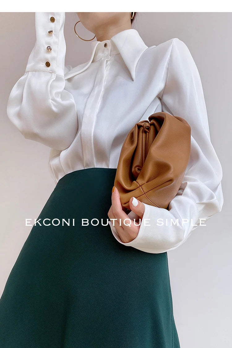 Camisa Satén Seda Mujer Vintage - Blusa Blanca Manga Larga Elegante