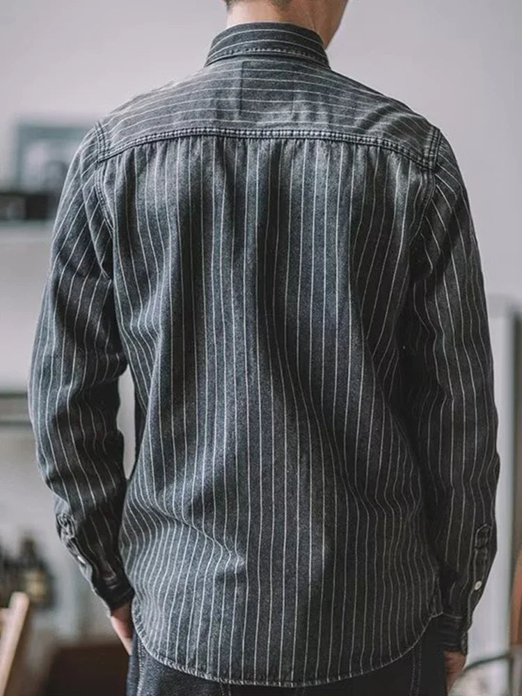 Camisa Denim Hombre Streetwear 2025 Primavera - Manga Larga Rayas Cargo Casual