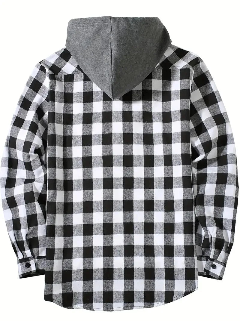 Camisa Hombre Franela Cuadros Capucha - Primavera Otoño Clásica Casual Botones Manga Larga Doble Bolsillos Hoodie Unisex
