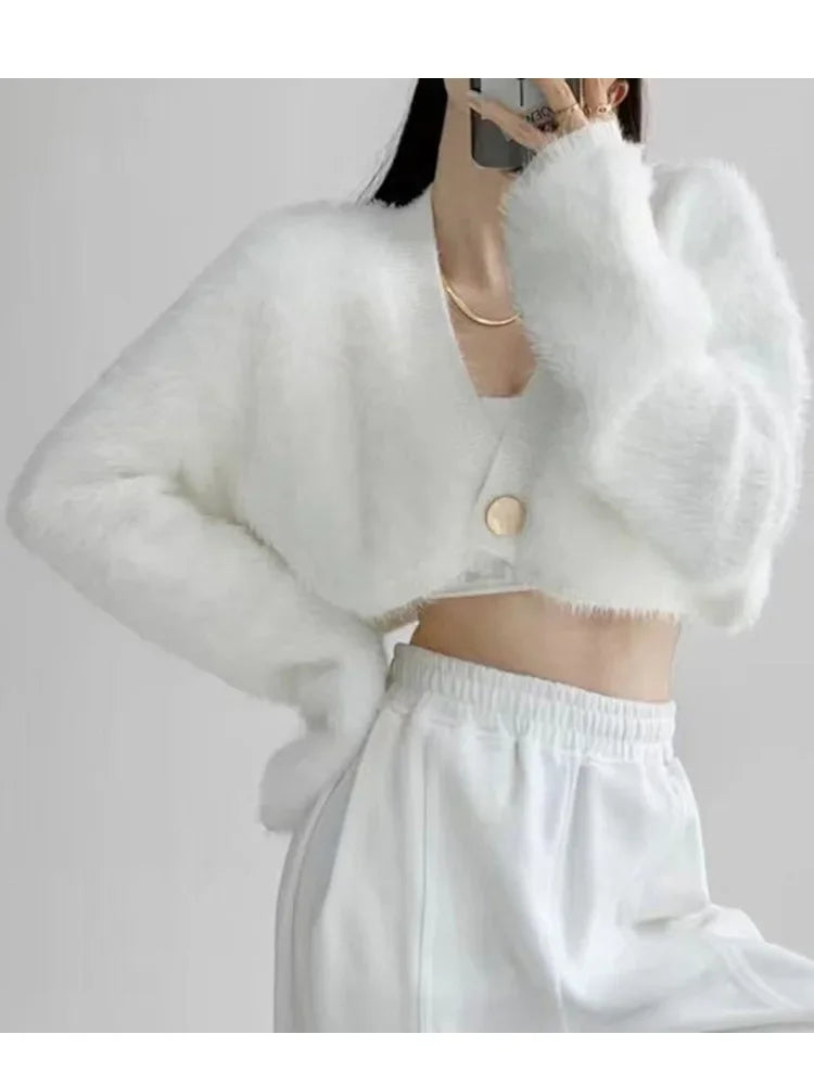 Cárdigan Mujer Corto Cuello V Punto - Sexy Crop Manga Larga Otoño Invierno