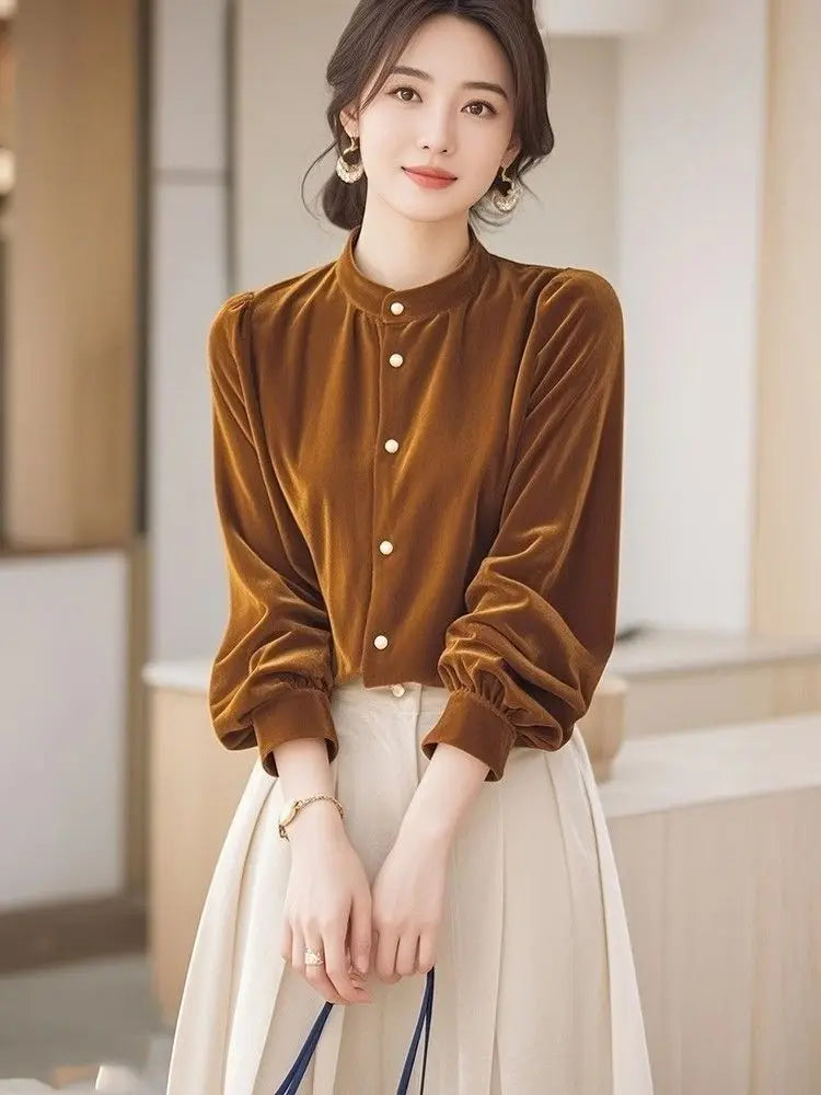 Top Terciopelo Mujer Temperamento - Top Diseño Francés Manga Larga 2025