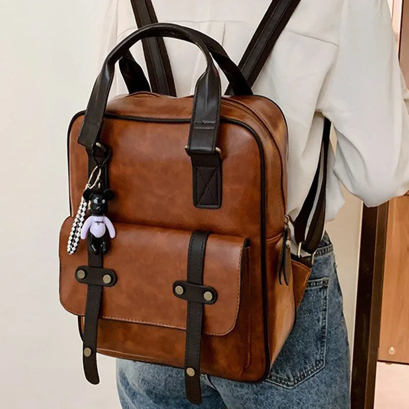 Mochila Cuero Juvenil Unisex - Alta Calidad Adolescentes Escolar Hombro Satchel Color Sólido