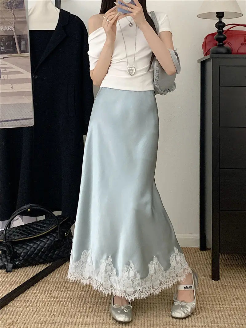 Falda Satén Mujer Larga Elegante - Falda Línea A Encaje Cintura Alta Verano