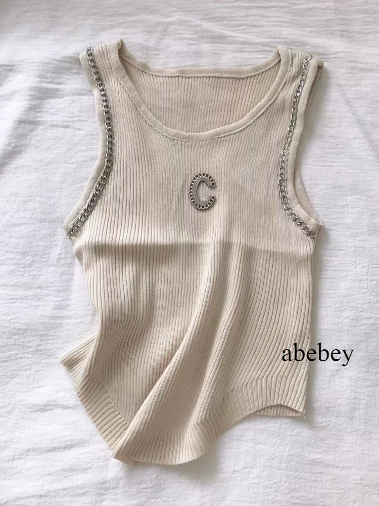 Top Crop Mujer Punto Cadena - Camiseta Sin Mangas Primavera