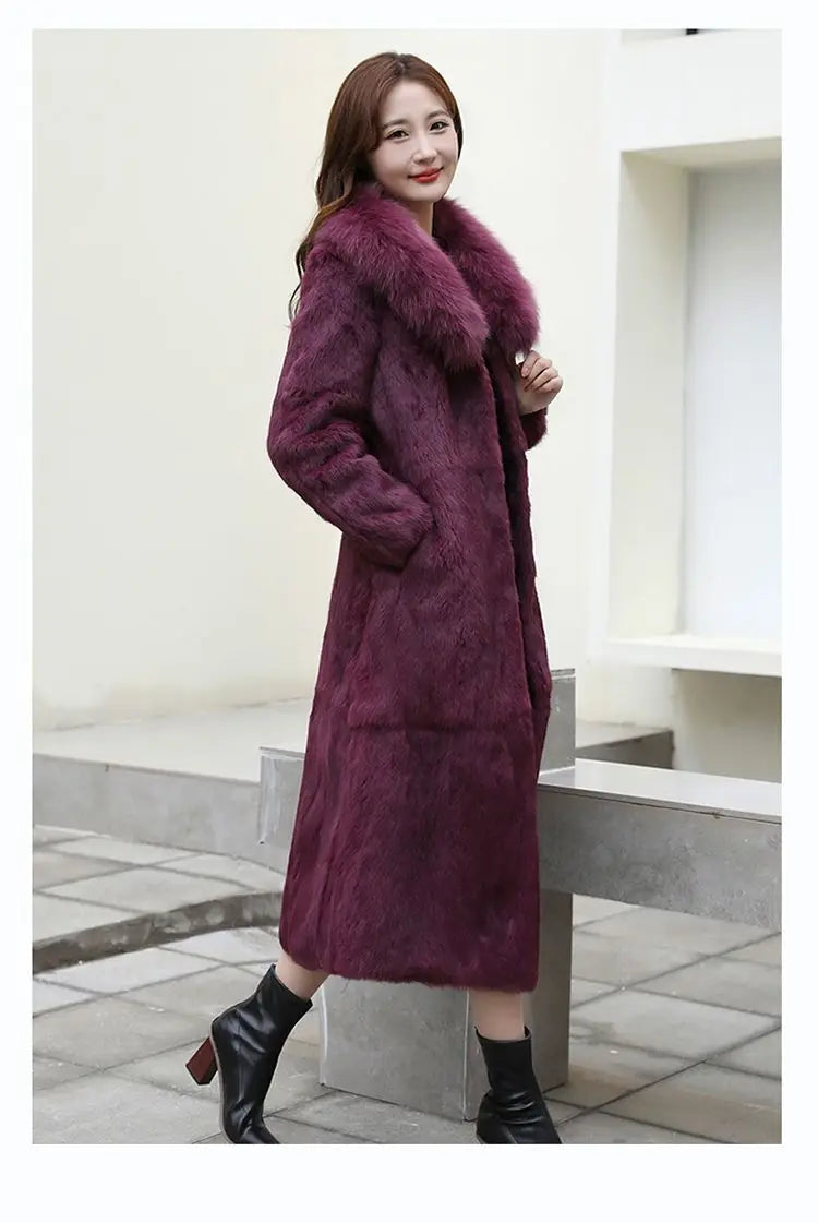 Abrigo Piel Conejo Rex Mujer - Abrigo Largo Cuello Zorro Fashion Invierno