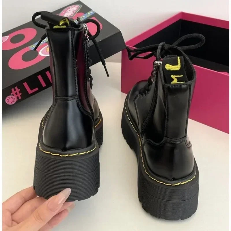 Botas Tobillo Mujer Casual Cuero - Chelsea Punk Goth Plataforma Negro