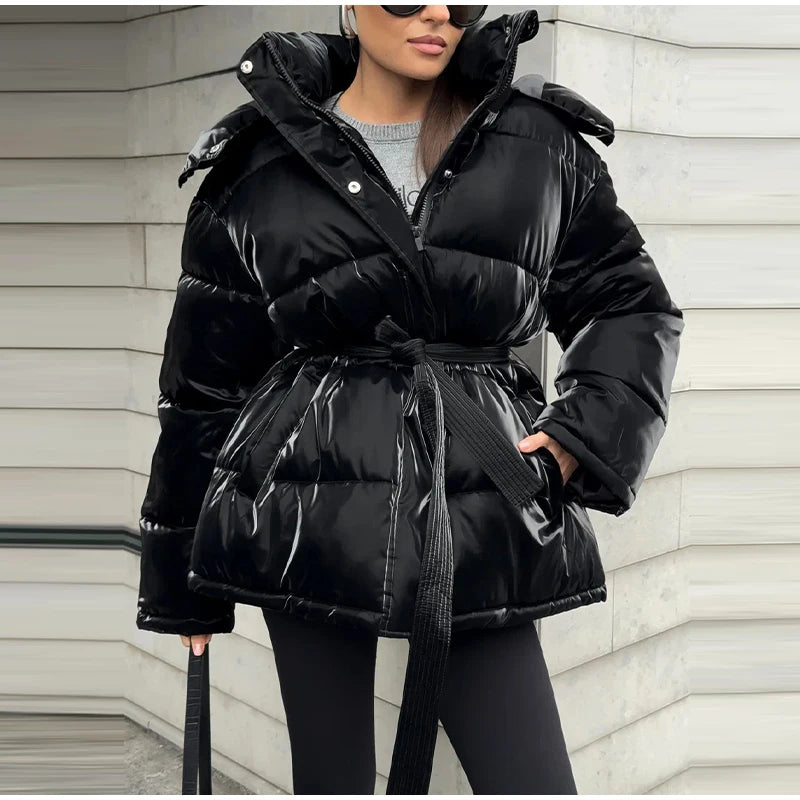 Abrigo Mujer Vintage Brillante - Abrigo Capucha Acolchado Cuello Alto 2025