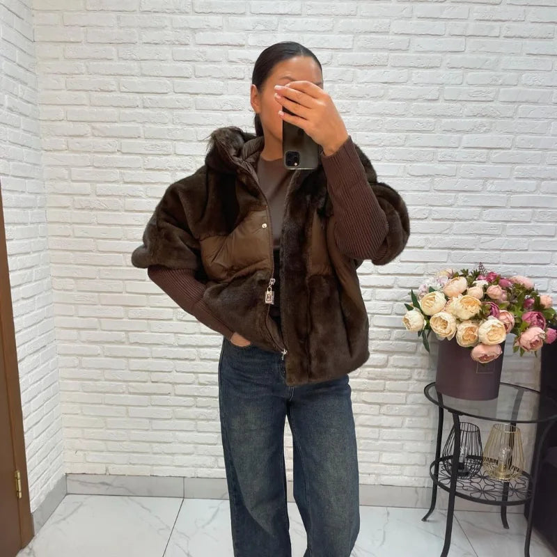 Abrigo Mujer Capucha Patchwork - Abrigo Manga Tejida Oversize 2025