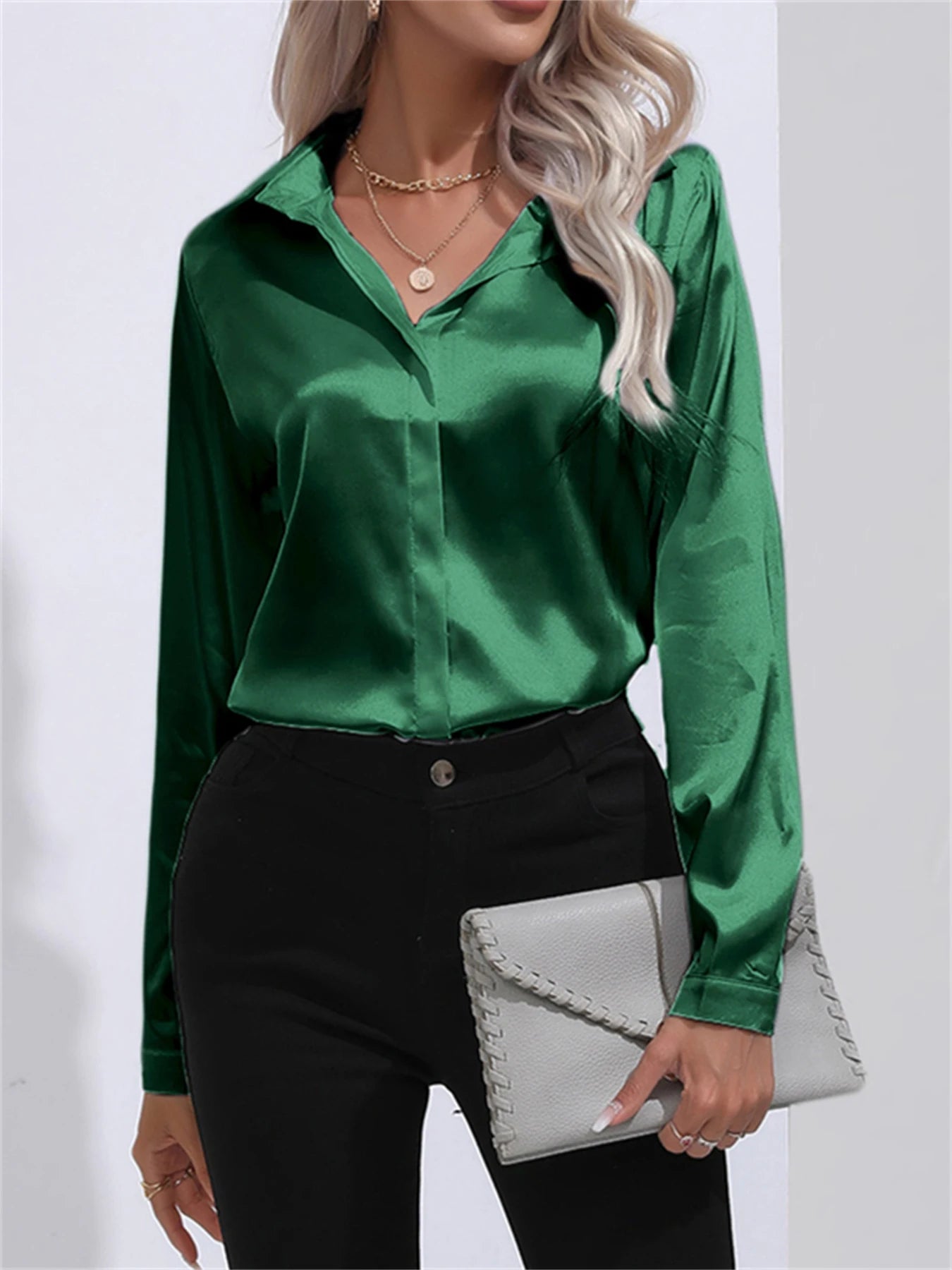 Camisa Satén Mujer Oficina - Blusa Cuello Botón Manga Larga