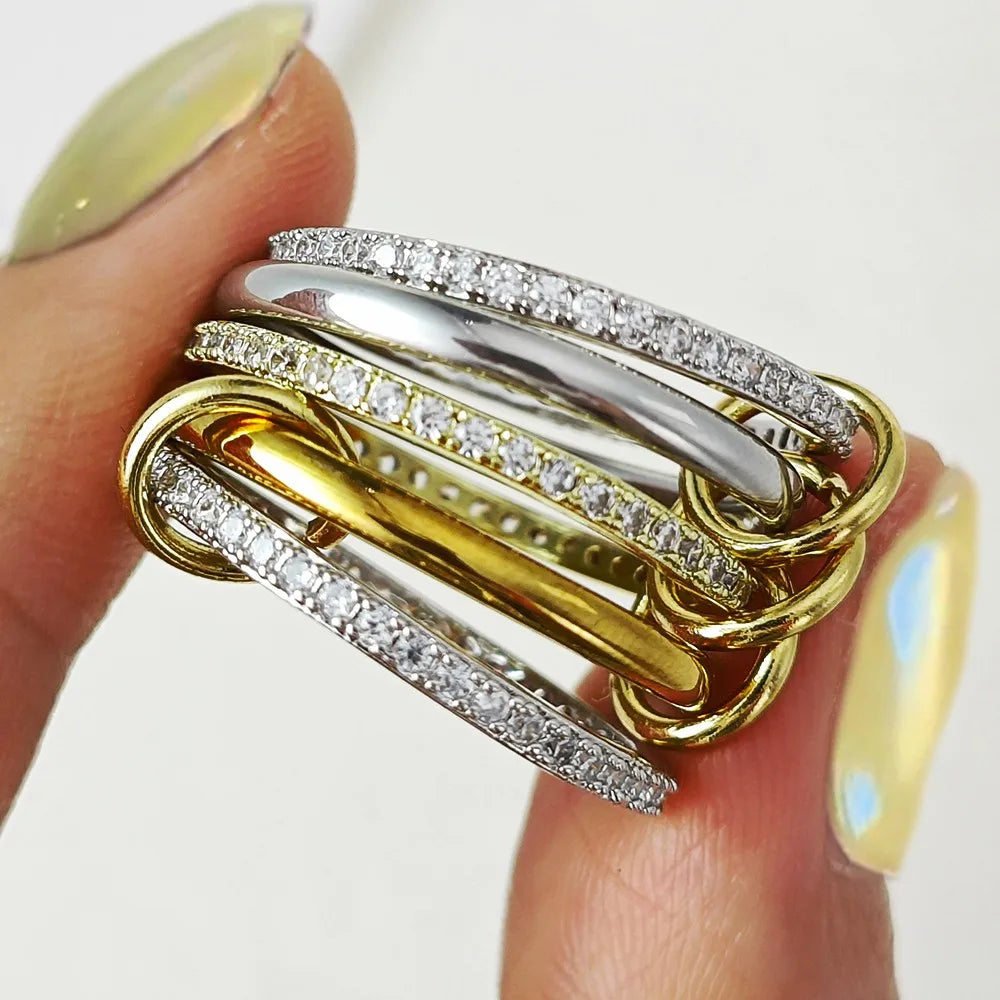 Set 5 Anillos Apilables Acero Inoxidable - Micro Circonita Dos Colores