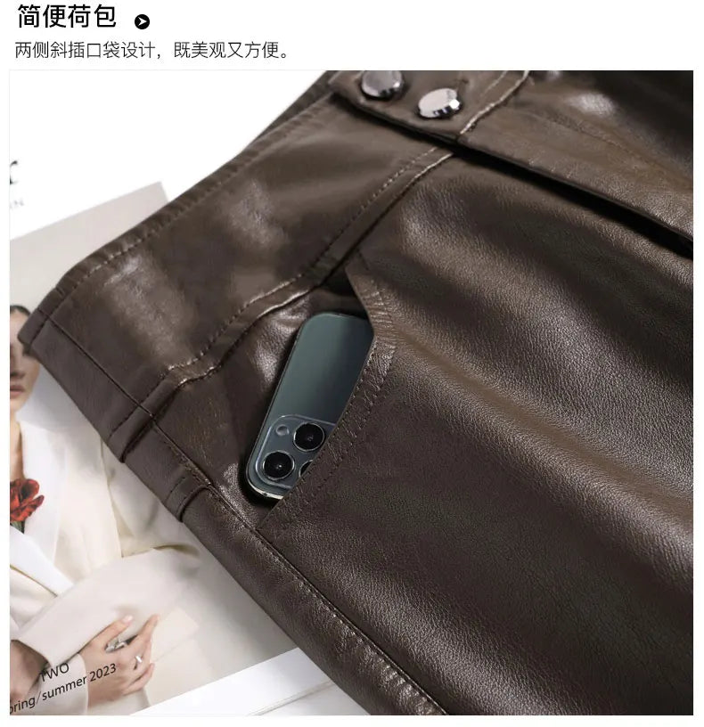 Pantalón Cuero Mujer Pierna Ancha - Pantalón PU Otoño Invierno