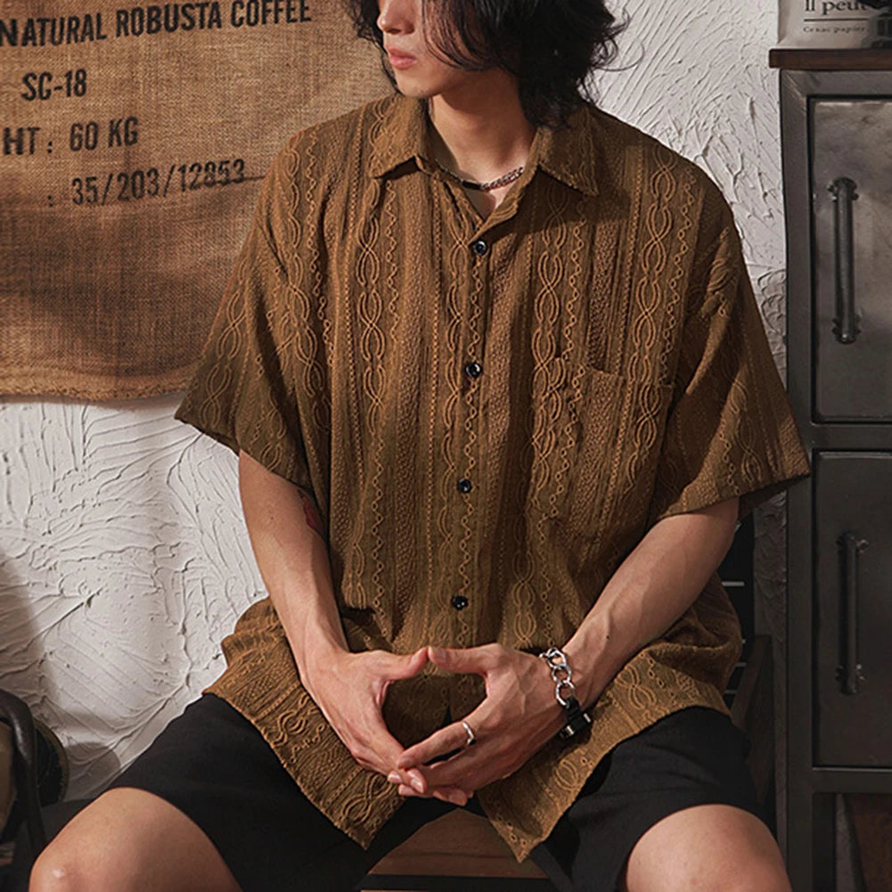 Camisa Hombre Casual Suelta Calada Manga Corta - Bolsillos Retro Fashion Vacaciones Diario