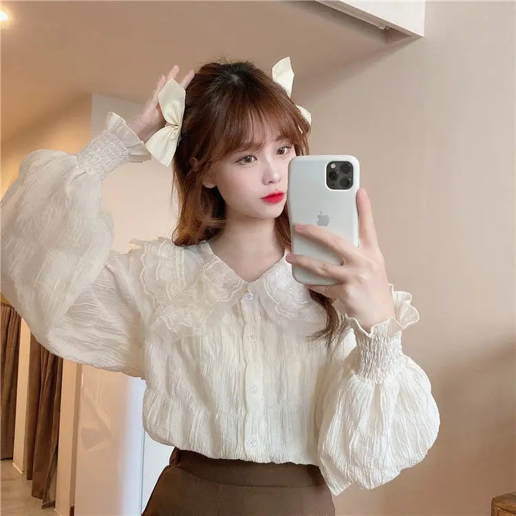 Camisa Cuello Peter Pan Mujer Coreana - Blusa Manga Larga Kawaii Primavera