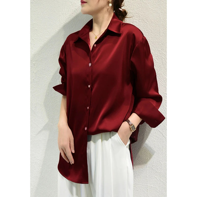 Blusa Satén Mujer Francesa Verano - Camisa Holgada Manga Larga Vintage