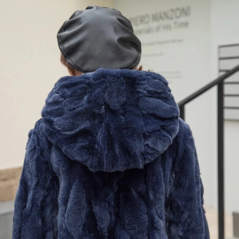 Abrigo Piel Conejo Mujer Capucha - Abrigo Real 110cm Largo Invierno