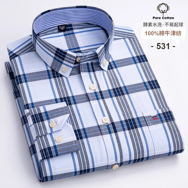 Camisa Hombre Oxford 100% Algodón - Manga Larga Rayas Bolsillo Formal Tallas Grandes