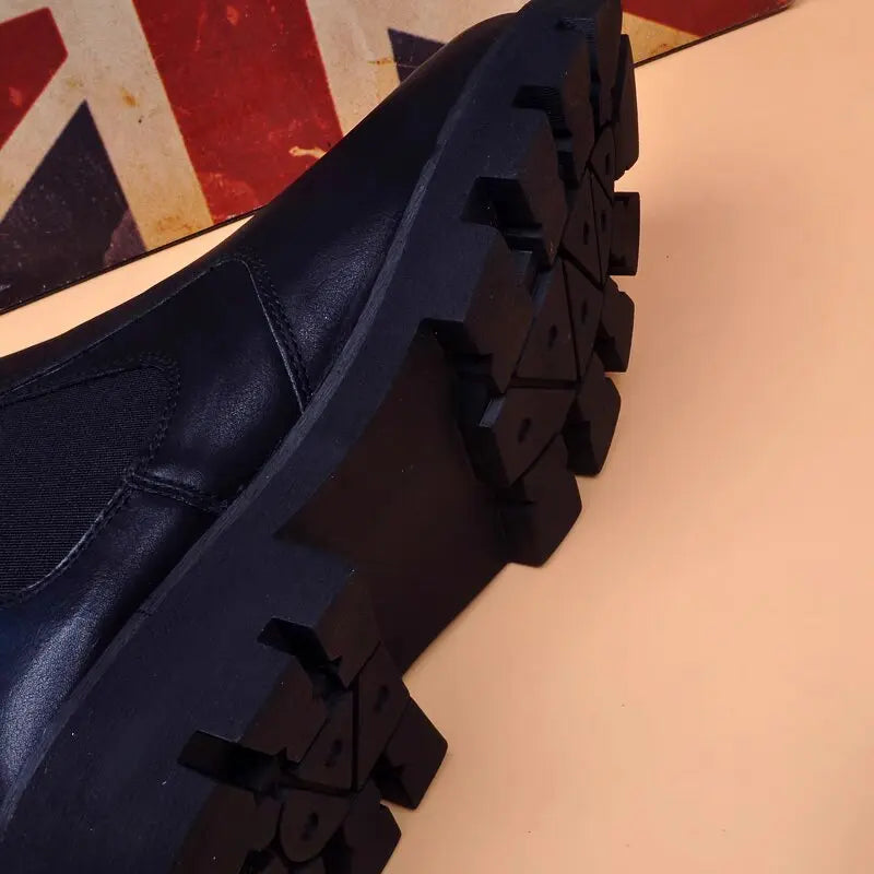 Botas Hombre Cuero Natural Negras - Casual Otoño Invierno Cowboy Platform Business Oficina Tobillo