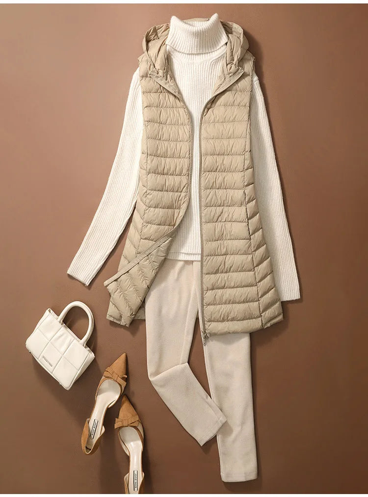 Chaleco Mujer Plumas Pato Ligero - Chaqueta Larga Capucha Slim Otoño