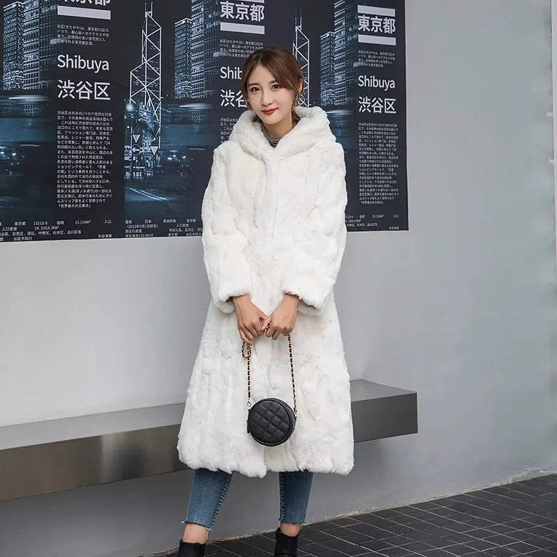 Abrigo Piel Conejo Mujer Capucha - Abrigo Real 110cm Largo Invierno